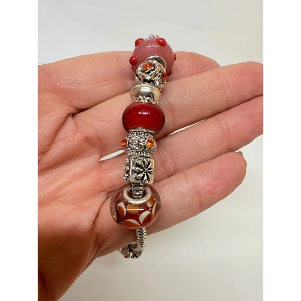Red Orange Glass Lampwork Charm Bracelet Silver Tone Snake Chain Floral Accents